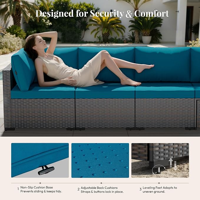 WWR Patio Furniture Set 7 Piece - All-Weather - Wicker Rattan Patio Outdoor Conversation Set, Modular Sectional Sofa for Backyard, Garden, Poolside, Balcony, Porch, Patio, Brown/Peacock Blue