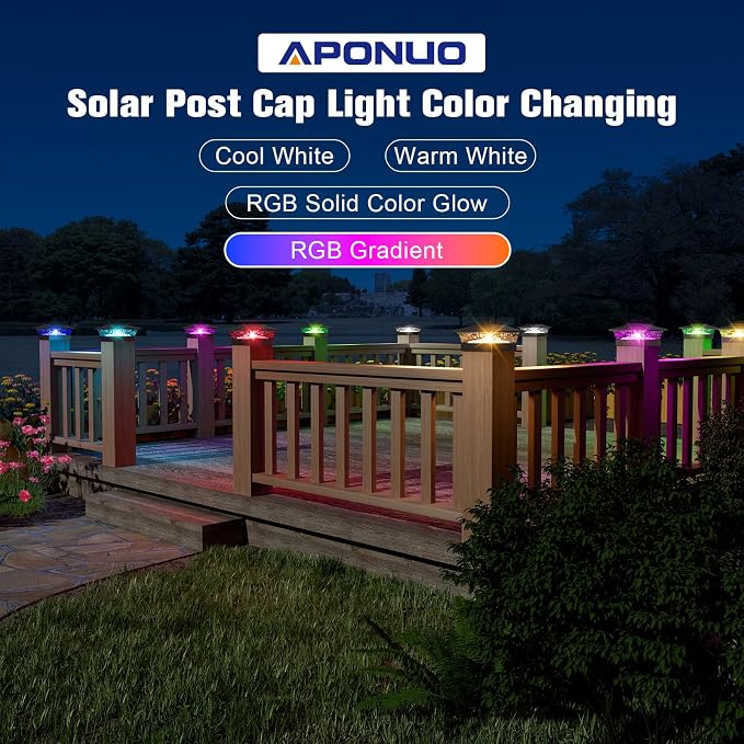APONUO Solar Post Cap Lights with 8 RGB Solid Colors & Multicolor Flow - 4 Pack 6x6 Post Cap Solar Light, IP65 Waterproof - Fits 4x4 5x5 6x6 Wood & Vinyl Posts - Black