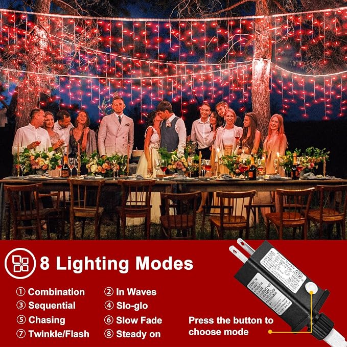 Red Christmas Lights Outdoor, 33ft 400 LED Icicle Lights for Outside | Clear Wire Connectable Twinkle Light with 8 Modes Timer Plug in Waterproof for Window Party Wedding Holiday Decorations