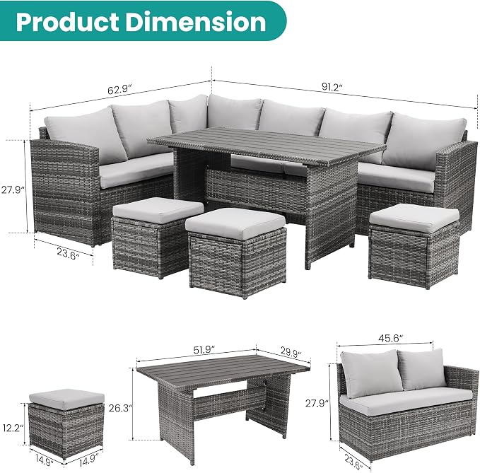 Wumiokio Patio Furniture Set, 7 Pieces Outdoor Patio Furniture with Dining Table&Chair, All Weather Wicker Conversation Set with Ottoman,Grey (Include Sofa Dust Cover)