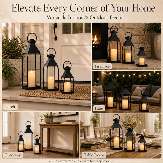 Decorative Metal Lanterns Indoor Outdoor, Lanterns Decorative Outdoor | 3Pcs Candle Holder for Front Porch, Fireplace, Patio, Entryway, Wedding & Christmas, Party Decoration, Table Centerpiece