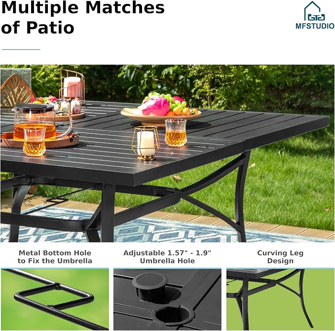 MFSTUDIO Outdoor Dining Set for 8, Square Metal Table w/Swivel Chairs | Padded textilene chairs, High back, Ergonomic Design, Umbrella hole, Weather reistant, Patio deck garden backyard