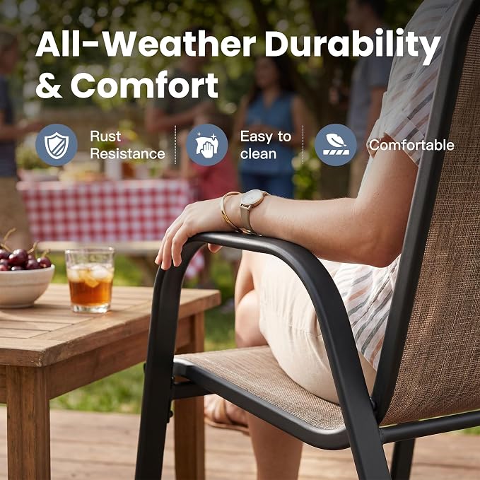 VICLLAX Patio Dining Set for 6, All Weather Metal 7 Pieces Patio Set-47.2" Round Outdoor Table and Stackable Chairs for Lawn Garden and Backyard, Walnut Wood Grain Tabletop