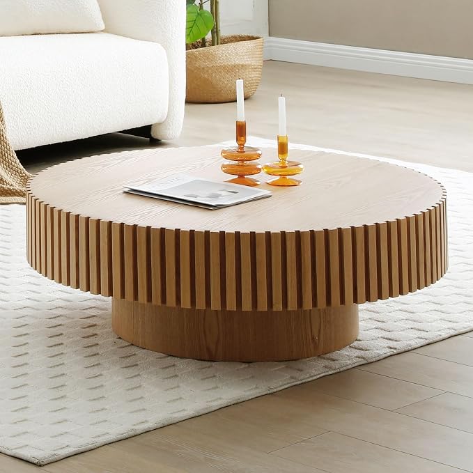 Round Coffee Table, Natural Wood, Modern Style, Slatted Base Design, Living Room Table (Ash, 31.49)