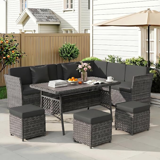 LOUVIXA 7 Pieces Patio Furniture Set, Outdoor Patio Furniture, Wicker Conversation Set with Dining Table, Chairs and Ottoman (6227 Grey-Grey)