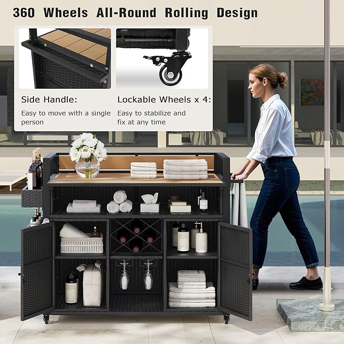 52.8" W Wicker Outdoor Grill Cart with Extended Plastic Wood Table Top, Rolling Kitchen Island on Wheels, Ample Storage, and Double Handle Design – Perfect for Patio, Backyard, and Poolside