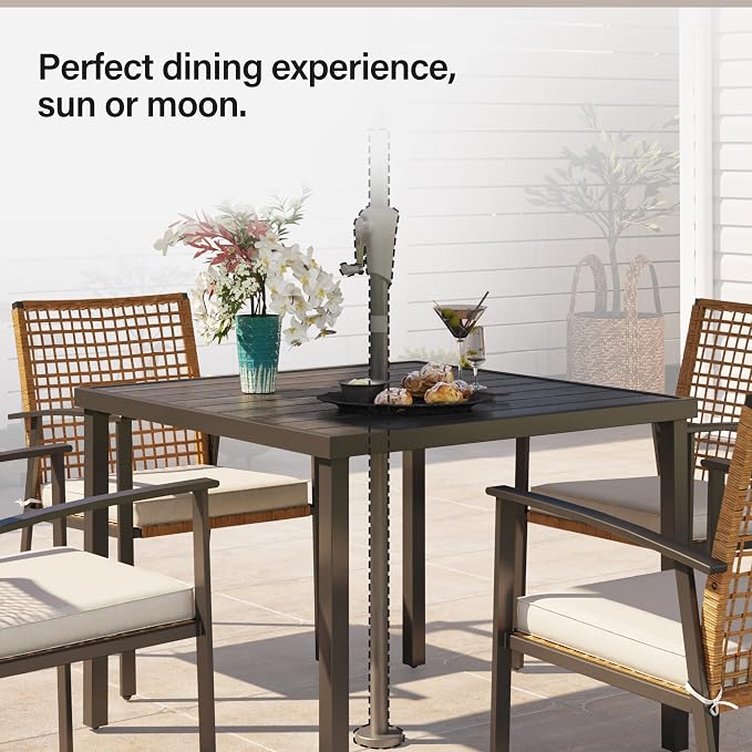 LAUSAINT HOME Outdoor Dining Table for 4, Square Table with Umbrella Hole, Weather Resistant Heavy Duty Metal Frame Table for Lawn Garden Backyard, L37 xW37 xH29