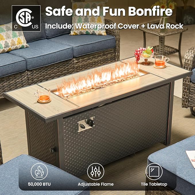 ovios 7-Piece Patio Furniture Set with Swivel Chairs Side Table, Outdoor Wicker Sofa with 54" Fire Pit Table, High Back Couch Modern Conversation Sets, Grey/Denim Blue
