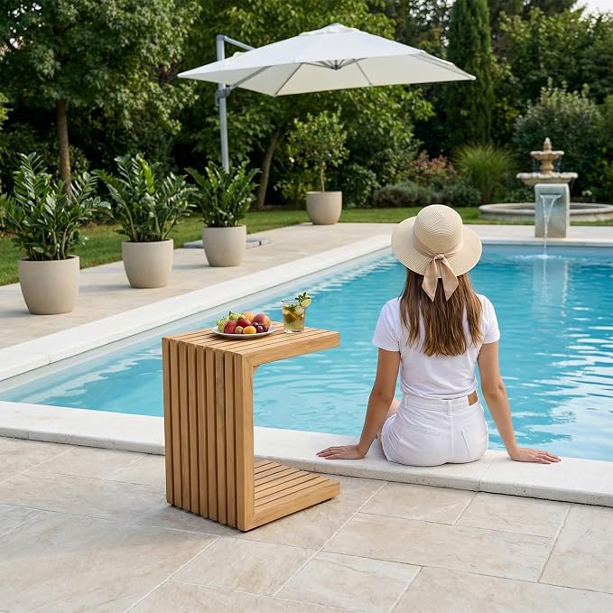OTSUN Teak Solid Wood C-Shape Sofa Side Table, Pure Simple Form Outdoor Side Table for Patio Sofa Armrest, No Assembly Minimalist Wooden End Table for Porch & Garden