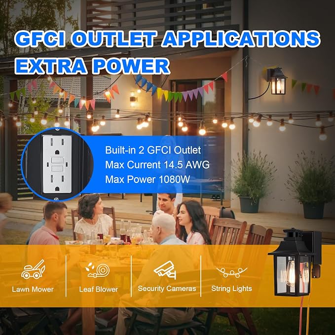 Porch Lights with GFCI Outlet,Dusk to Dawn Motion Sensor Outdoor Lights | 3 Light Modes Front Door Exterior Light Fixture Waterproof Outside Wall Light for House,Patio,Garage,Black,Bulb not Included