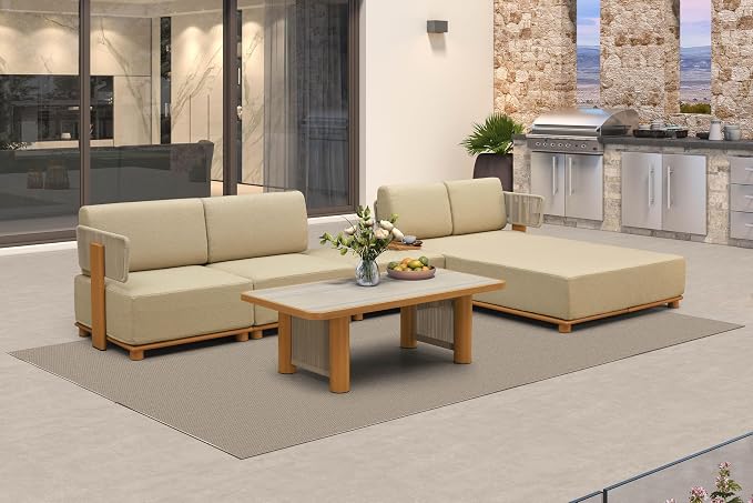 PURPLE LEAF Patio Furniture Set Modular L-Shaped Outdoor Sectional Sofa with 11" Thick Olefin Cushion 5-Piece Outdoor Conversation Set w/Daybed & Ottoman for Backyard Poolside Table Included, Beige
