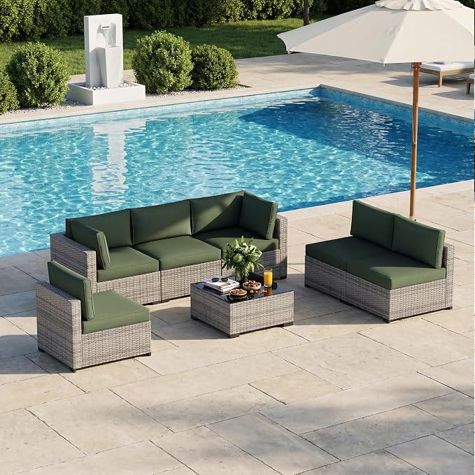 Patio Furniture Set 7 Pieces Conversation Set Wicker Outdoor Sectional Sofa,Ergonomic Armrests Couch with Cushion and Glass Table (Grey White-Green, 7 Piece-Single)