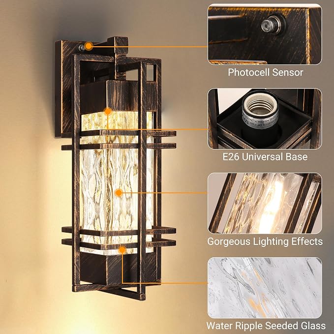 WIHTU 15'' Dusk to Dawn Outdoor Wall Lantern, Porch Light, Gold-Swept Black | Rustproof Metal Frame, Water Ripple Glass, T30 Bulb Included, E26 Bulb,2700K Warm Light, Patio Light for Front Door
