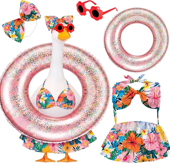 23 in Porch Goose Summer Outfit Bikini, Hawaiian Porch Goose Swimsuit Clothes Costume Accessories with Bow Glasses Swim Ring for 23" Summer Goose Garden Patio Statue Decor (Flower)