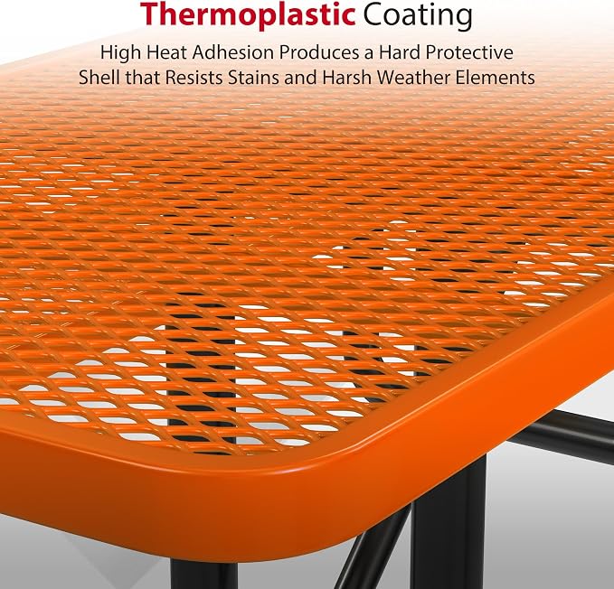 Leisure Craft Metal Picnic Table with Bench - 8 ft Rectangle Outdoor Dining Table with Umbrella Hole, Heavy Duty Thermoplastic Coating, ADA Compliant, Commercial Grade Furniture Made in USA - Orange