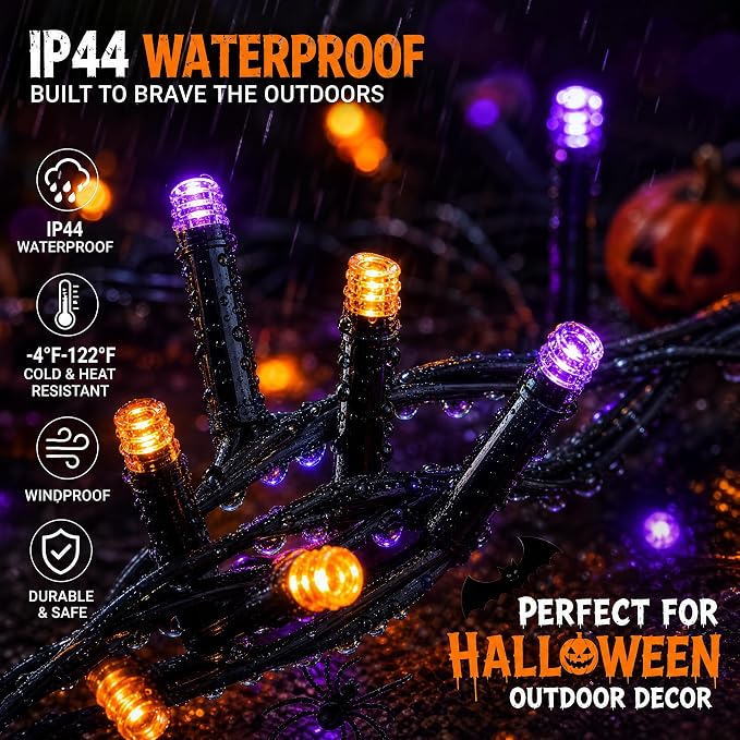 DAZZLE BRIGHT Halloween 300 LED String Lights, 100FT String Lights with 8 Lighting Modes, Halloween Decorations for Party Carnival Supplies, Outdoor Yard Garden Decor (Purple & Orange)