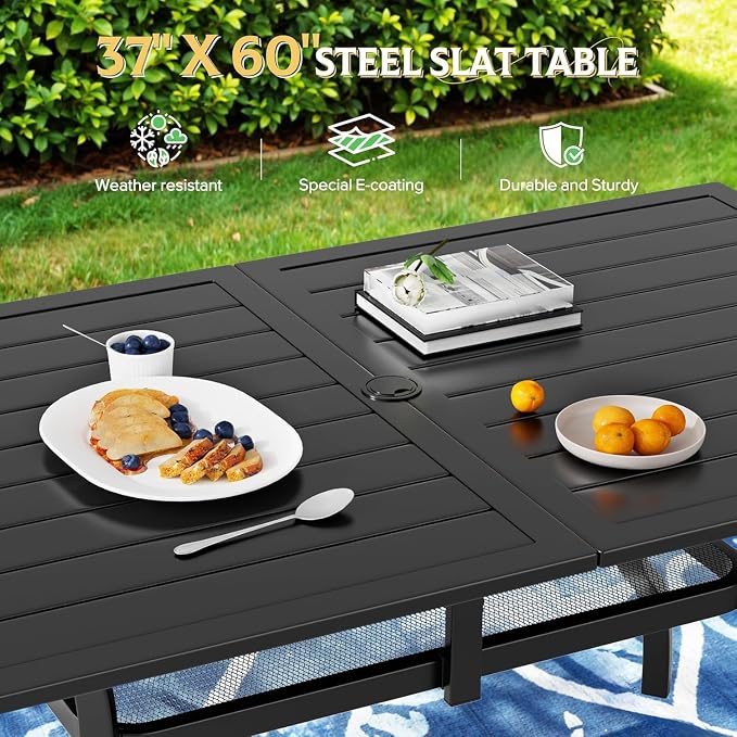 Crownland Outdoor Patio Dining Table, 60" x 37"Rectangle Metal Patio Table with 1.57" Umbrella Hole, Outdoor Furniture Dining Table for 6-8 Person, for Backyard, Garden, Classic Black