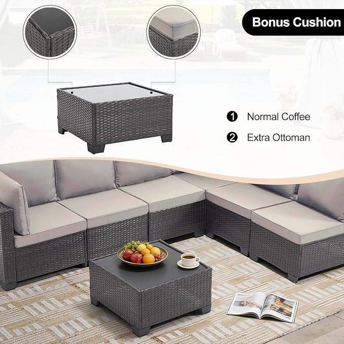 CANMOV 7 Pieces Patio Furniture SetsAll Weather Outdoor Patio Conversation Set, PE Wicker Rattan Sectional Sofa Couch Glass Coffee Table and Washable Cushions for Backyard Garden, Khaki