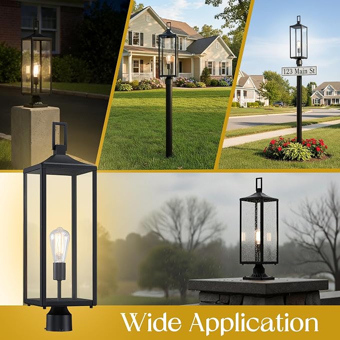 25.6” Hardwired Outdoor Post Lamp for Residential Sidewalk Lamp Post Outdoor Lighting for Exterior Gate Post Pier Mount Lights Large Size Steel and Glass 25.6inch Exterior Pillar Lantern, E26