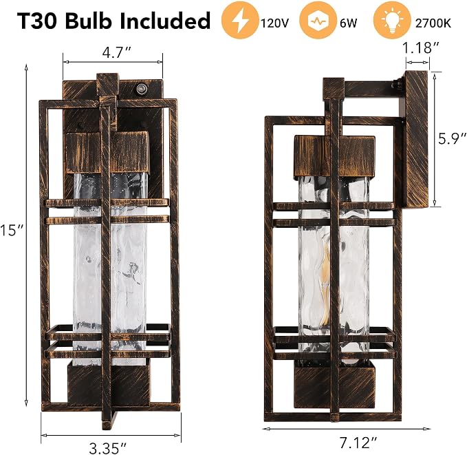 WIHTU 15'' Dusk to Dawn Outdoor Wall Lantern, Porch Light, Gold-Swept Black | Rustproof Metal Frame, Water Ripple Glass, T30 Bulb Included, E26 Bulb,2700K Warm Light, Patio Light for Front Door
