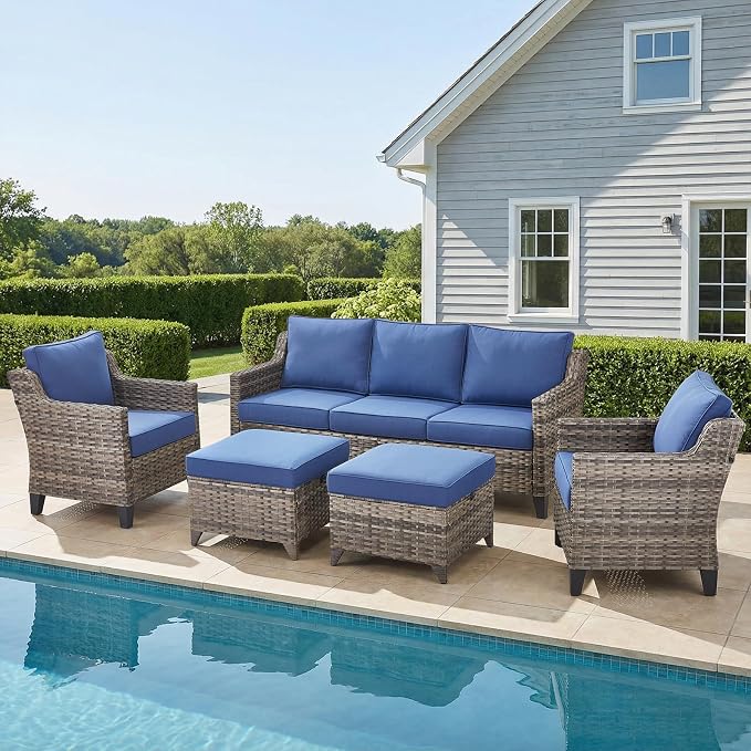 Belord Patio Chairs Set of 2 with 3-Seater Sofa, Outdoor Rattan Chairs for Deck Porch Garden, 5 Piece Patio Conversation Furniture Set,Blue