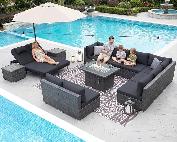 NICESOUL 13 Piece Outdoor Sectional w/Fire Pit Table, Luxury Modular Patio Furniture Set w/Chaise Lounge, Plus 29.3'' High-Back Seating Sofa, All-Weather Deck Couch for Poolside, Yard, Dark Grey