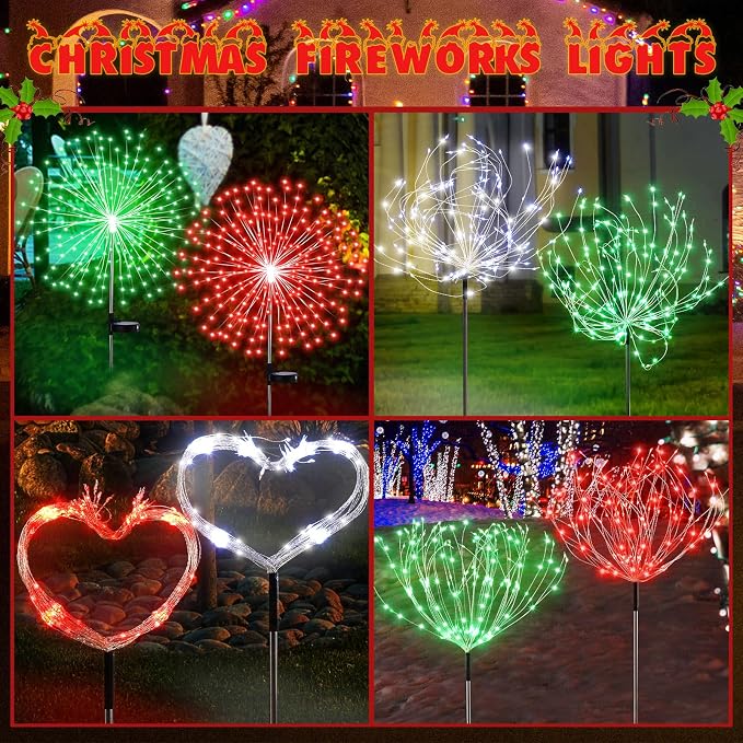 Tujoe 6 Pcs Christmas in July Solar Firework Stake Lights 180 LED 8 Modes Solar Waterproof LED Sparkler Lights Outdoor Decoration for Garden Patio Yard Pathway Walkway Lawn Xmas (Red Green White)