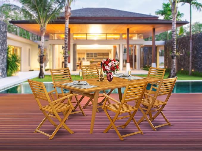 East West Furniture DEBS7CANA 7 Piece Patio Dining Set Consist of a Rectangle Outdoor Acacia Wood Table and 6 Folding Arm Chairs, 40x72 Inch, Natural Oil