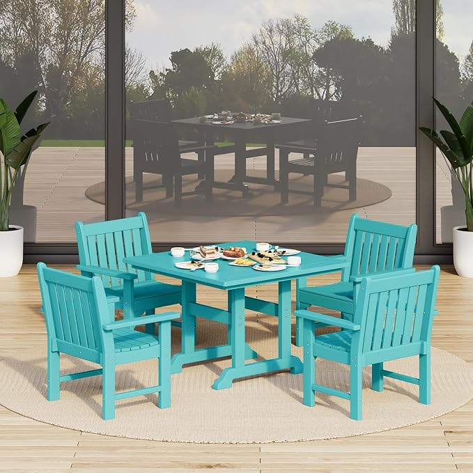 Costaelm Outdoor Dining Chairs with Arms Set of 4, Patio Dining Table Chair, HDPE Poly Lumber Waterproof Restaurant Bistro Farmhouse Chairs for Outside Porch Backyard Garden, Turquoise
