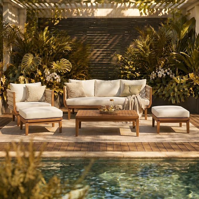 Merax 5 Piece Rope Woven Paito Conversation Set, Outdoor All-Weather Acacia Wood 3-Seater Sofa, 2 Armchairs with Cushions,1 Ottoman, 1 Coffee Table for Porch, Lawn, Backyard, Balcon, Teak+ Beige