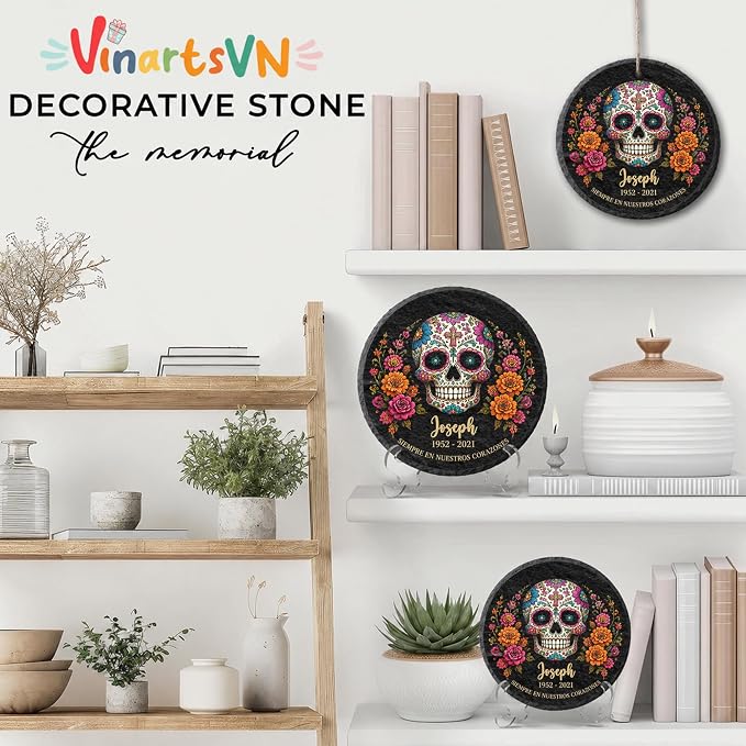 Personalized Sugar Skull Memorial Garden Stone, Dia de los Muertos Garden Stones for Loss of Loved Ones, Bereavement Sympathy Gift, Grieving Gifts, Weatherproof Outdoor Memorial Natural Stone
