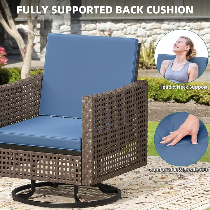 YITAHOME 3 Pieces Patio Set w/2.8" Thick Cushions, All Weather Swivel Patio Furniture Set w/Wicker Rocking Chairs & Rattan Side Table for Backyard Deck Poolside, Blue