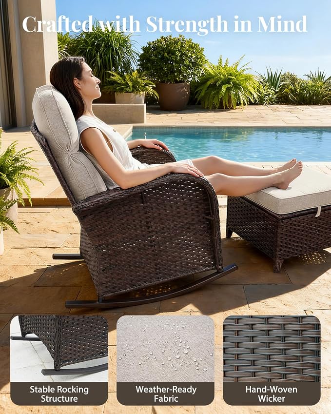 Luxury Patio Furniture Set with 6" Thick Cushions, High Back Outdoor Rocking Chairs, Ottomans and 3-seat Couch, 7 Pieces All Weather Conversation Set for Porch Deck Poolside Yard (Beige)