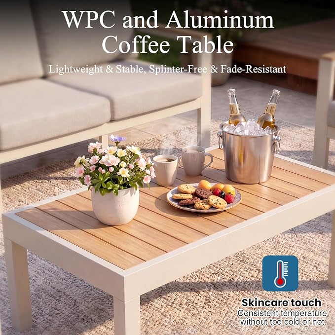 4-Piece 4-Seater Aluminum Patio Furniture Set, Outdoor Patio Table and Chairs Set with 2 Single Chairs+Loveseat+Coffee Table, 1.5mm Thick Rustproof Frame, Waterproof Washable Cushions for Porch Deck