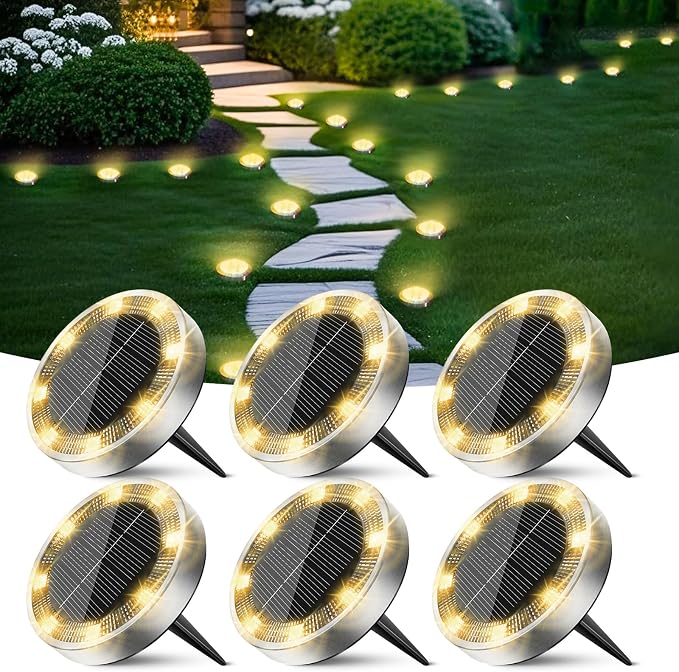 Solar Ground Lights Outdoor, 6 Pack Flat Solar Powered Disc Lights, IP68 Waterproof, Anti-Rust, Landscape Lighting for Pathway Garden Yard Lawn Walkway Landscape Driveway, Mini, Warm White