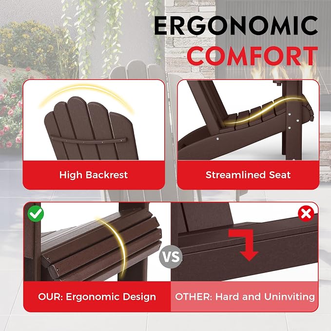 Costaelm Lakeview 4-Piece Outdoor Patio HDPE Adirondack Chairs with Ottomans and Cup Holder Set, Dark Brown