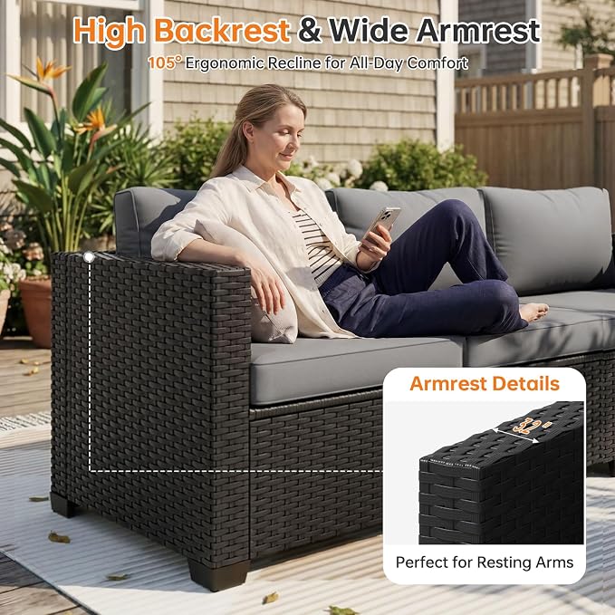 LazySunsets 3-Seater Outdoor Patio Sofa Outdoor Patio Furniture Set, Rattan Outdoor Sectional with Thick Waterproof Cushions, Waterproof Cover, Patio Conversation Set for Garden, Backyard, Grey