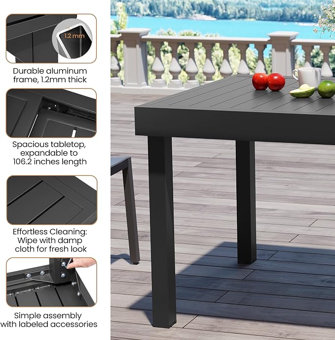 53"-106" Extendable Outdoor Dining Table Black Aluminum Expandable Patio Dining Table for 6-10 People All-Weather Extending Dining Table for Backyard Lawn Garden(Only Table)