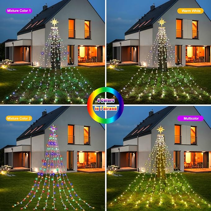 Christmas Decorations, Outdoor Christmas Lights, 320 LED Outdoor Christmas Tree String Lights with 12" Star Toppers [8 Modes& Waterproof] for Xmas New Year Holiday Decor (Dipper Warm+Multi)