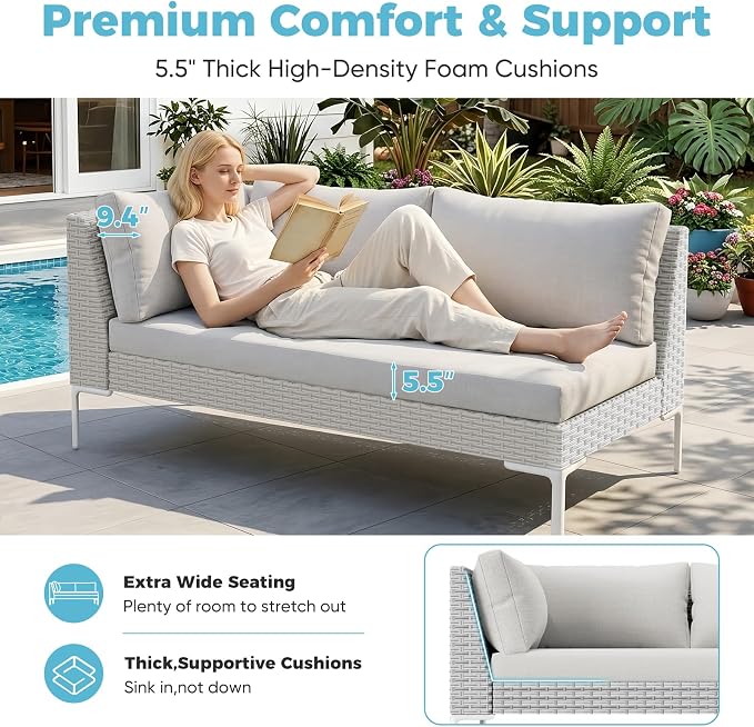 K Knowbody Patio Sectional Furniture Set, 4 Pieces All-Weather Rattan Modular Sofa, Deep Seating Outdoor Sectional Set with 9.4" Thick Back Cushions & Coffee Table, Low Profile, White&Gray