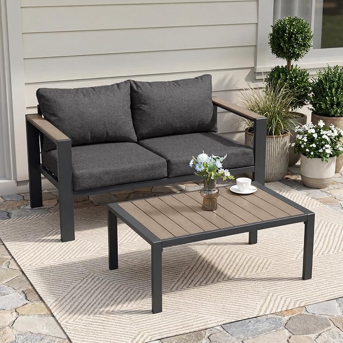 Outdoor Patio Furniture Set Loveseat and Coffee Table with Washable Thick Cushions, All-Weather Luxury Aluminum Large Sectional Sofa for Porch, Balcony, Deck, Yard, Dark Gray