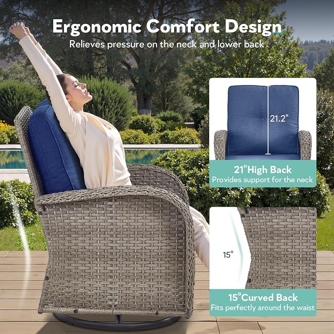 5 Piece Patio Furniture Set - Wicker Patio Conversation Set with Swivel Glider, Glider Loveseat, Tempered Glass Side Table and Coffee Table for Deck Backyard - Grey Wicker Blue Cushion