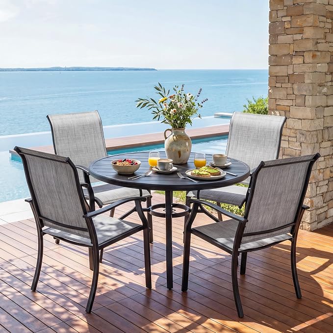 NUU GARDEN 5-Piece Patio Dining Set with Umbrella Hole, Outdoor Furniture Set Includes Round Patio Table, 4 Textilene Dining Chairs, Outdoor Dining Set for Backyard Garden Poolside, Gray and Black