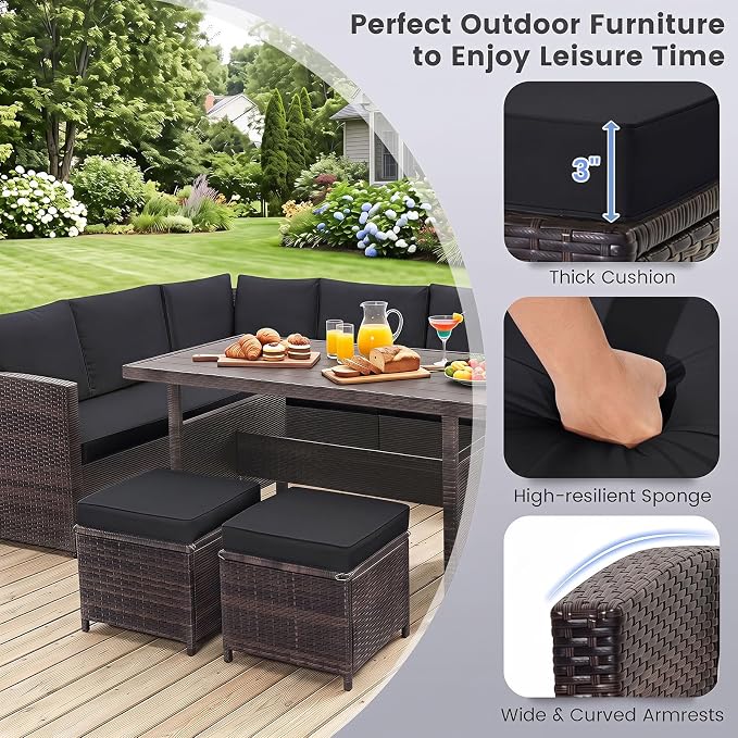 Tangkula 7 Pieces Wicker Patio Furniture Set, Wicker Conversation Set | Outdoor Sect with Coffee Table, Ottomans & White Cushions, Sectional Conversation Sofa Set for Porch, Poolside, Balcony, Yard