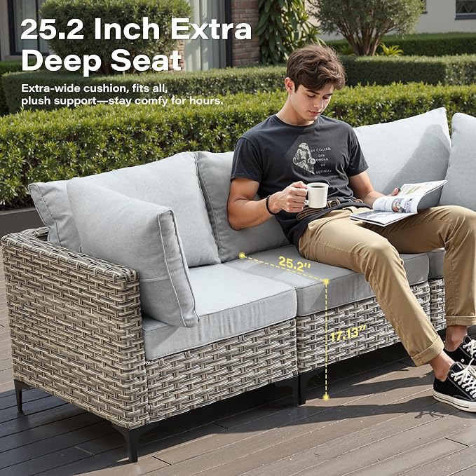 10 Pieces Outdoor Sectional Patio Furniture Set with Swivel Rocking Chairs,Wicker Conversation Sets Rattan L Shaped Couch,Modular Outdoor Sofa for Porch Balcony Backyard Grey