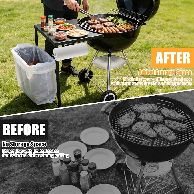 Uniflasy 18"x20" Grill Side Table for Weber Kettle 22/26 & Smokey Mountain 22 | Adjustable Height, Fits Weber Original, Premium & Master-Touch Kettle Grills, Charcoal Grill Work Table, Large BBQ Prep Shelf
