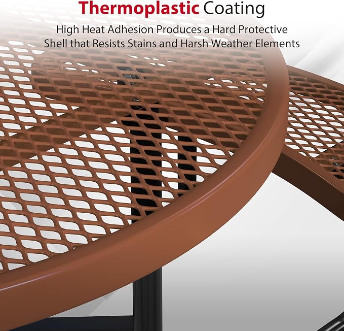 Leisure Craft Metal Picnic Table with Bench - 46" Round Outdoor Dining Table with Umbrella Hole, Heavy Duty Thermoplastic Coating, ADA Compliant, Commercial Grade Furniture Made in USA - Brown