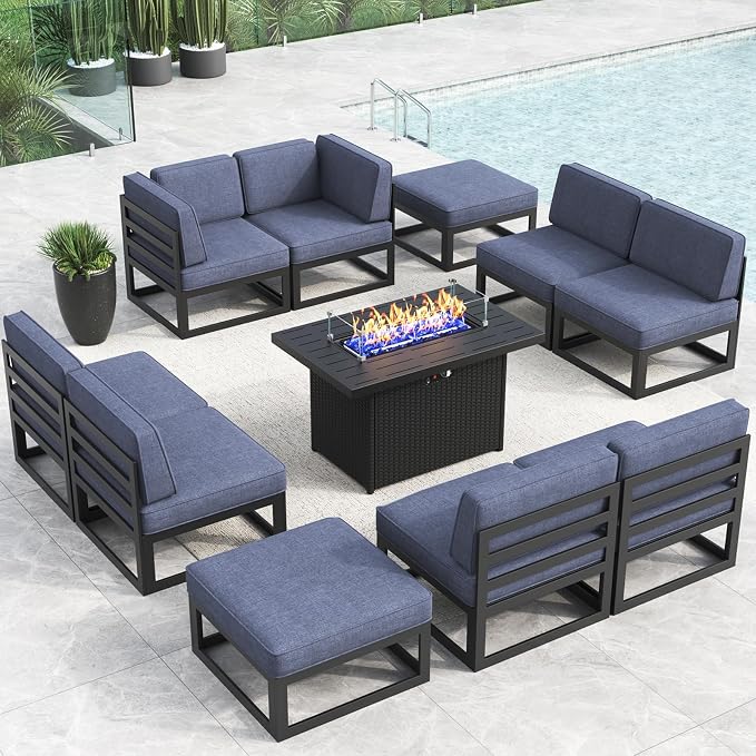 LayinSun Large Aluminum Patio Furniture Set with Fire Pit Table, 11 Pieces Modern Outdoor Conversation Set Sectional Metal Sofa Set with Olefin Cushion