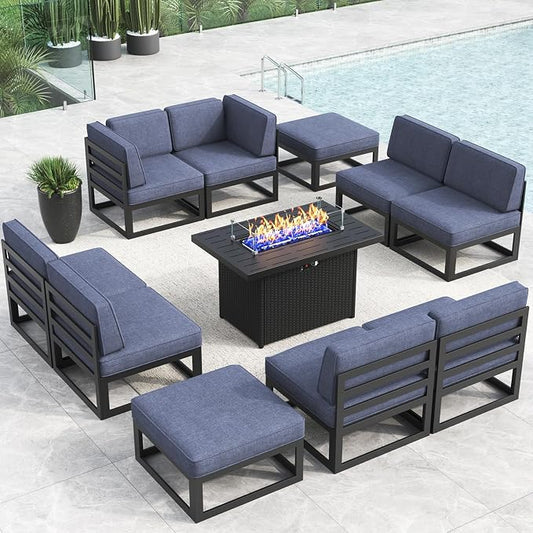 LayinSun Large Aluminum Patio Furniture Set with Fire Pit Table, 11 Pieces Modern Outdoor Conversation Set Sectional Metal Sofa Set with Olefin Cushion