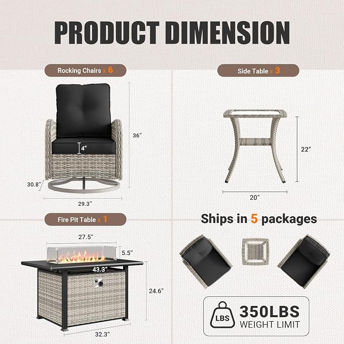 10Pcs Patio Rocking Swivel Chair with 55,000 BTU Fire Pit Table Outdoor Wicker Rattan Bistro Set with Tempered Glass Side Table, Outdoor Patio Furniture Set for Garden and Balcony, Dark Grey